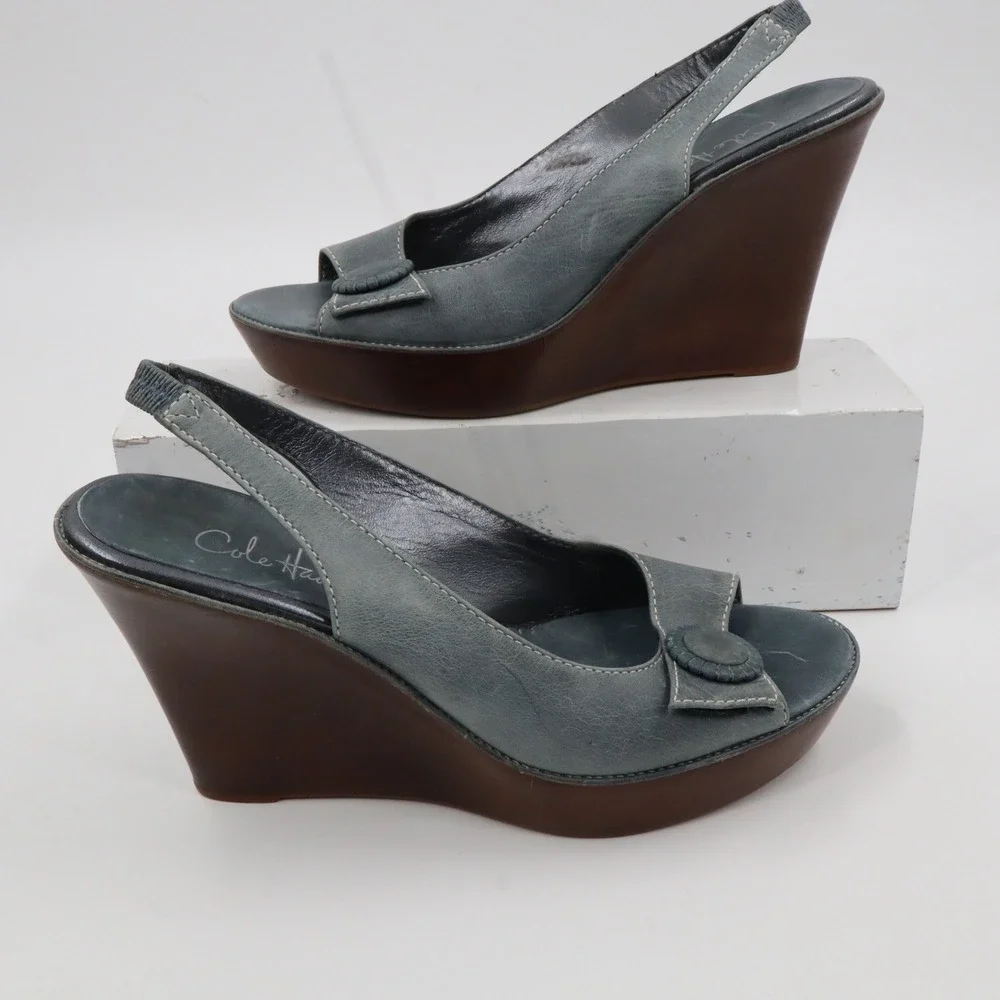 Cole Haan Wedge Sandals Womens 9 B‎ Slate Blue Leather Peep Toe Slingback D21178